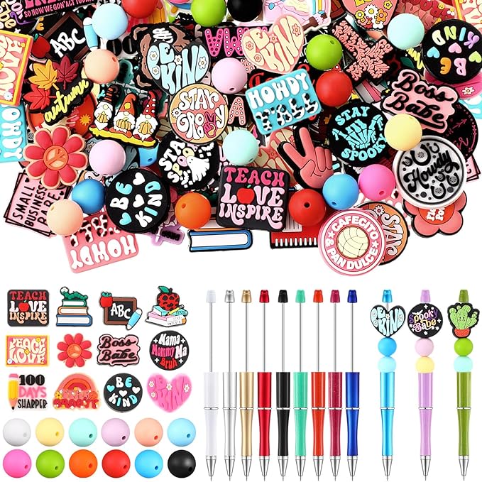 Humyoun 122 Pcs Beadable Pen Kit for DIY Pens Making Back to School Supplies with 12 Beaded Pens 110 Silicone Focal Beads, Black Ink Pen Gift for School Office Students Classroom(Cute Style)