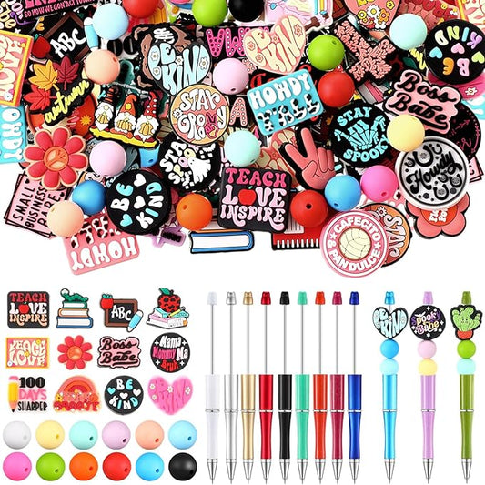 Humyoun 122 Pcs Beadable Pen Kit for DIY Pens Making Back to School Supplies with 12 Beaded Pens 110 Silicone Focal Beads, Black Ink Pen Gift for School Office Students Classroom(Cute Style)