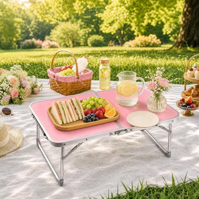 Foldable Laptop Table with Hidden Storage, Portable Bed Tray with Folding Legs for Studying, Reading, Working, Breakfast and Picnic, Lap Desk for Sofa, Couch, Floor & Outdoor Use (Pink)