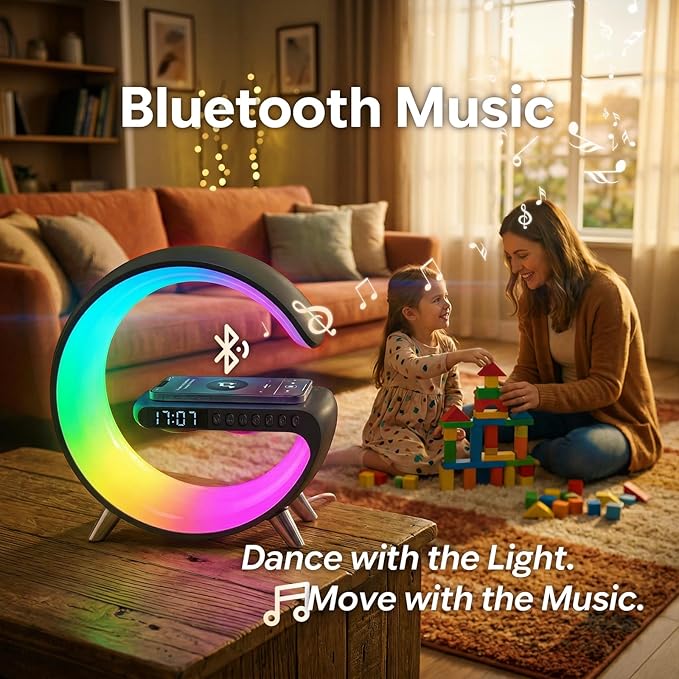 Smart LED Table Lamp for Bedroom with Wireless Charging Bluetooth Speaker, App Controlled Night Light for Kids, Christmas Birthday Gifts for Teens Adults Desk Office Bedroom Decor (Black