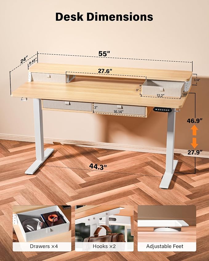 FiCiHi Electric Standing Desk with Four Drawers, 55 x 24 Inch Adjustable Height Sit Stand Desk, C-Clamp Compatible Home Office Desk with Storage Shelf & Monitor Stand Riser, Maple
