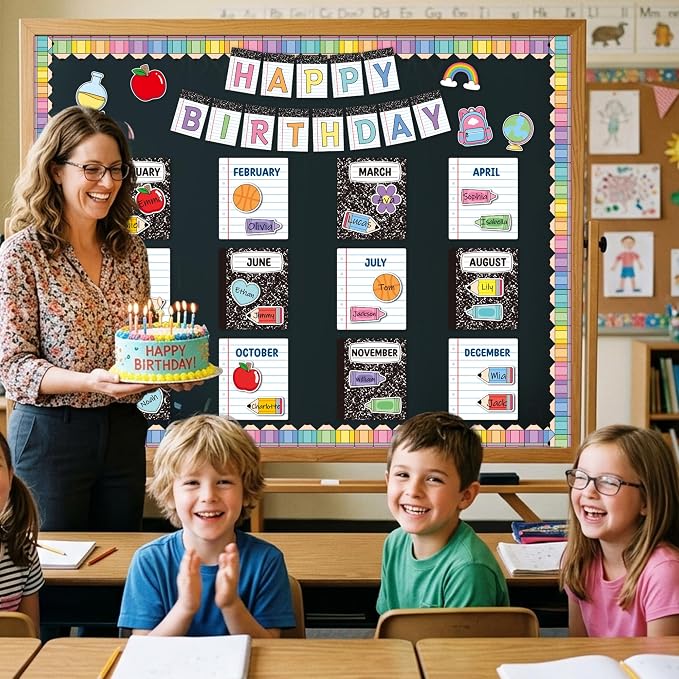 TICIAGA Composition Notebook Birthday Bulletin Board - 76PCS Happy Birthday Notebook Cutout for Classroom Teacher Supplies, Back to School Colorful Pencil Name Tag Border Calendar Decor for Preschool