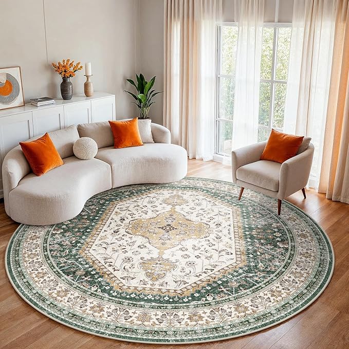 Puino 6FT Round Area Rugs for Living Room: Circle Rugs Machine Washable Oriental Low Pile Soft Non Slip Backing Vintage Indoor Rug for Bedroom Nursery Dining Room Home Office Green/Beige