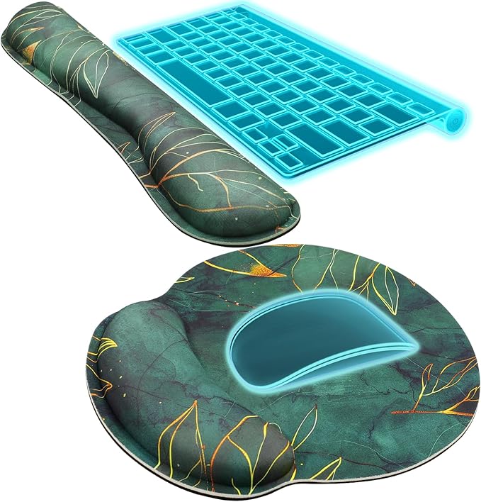 KTRIO Keyboard Wrist Rest & Mouse Pad with Wrist Rest Set, Green Leaves | Memory Foam Wrist Support, Ergonomic Design, Non-Slip Base, Office and Home Use