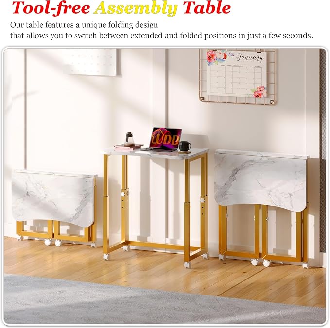 UDD No Tools Assembly Folding Desk, 23.6" Mobile Computer Desks with Wheels, Foldable Writing Fold Table, Portable Collapsible Work Craft Tables for Small Space Home Office Bedroom, White Gold
