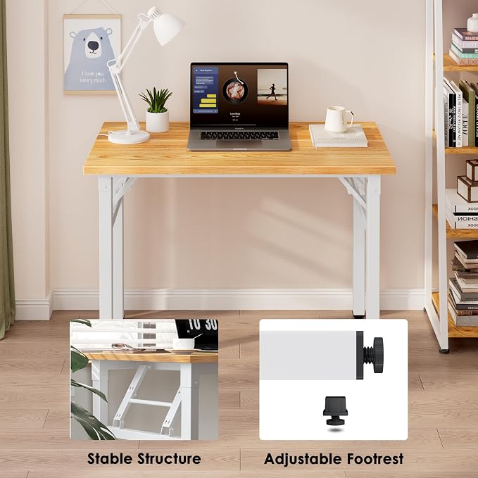 Need 35.8 Inch Folding Desk for Small Spaces, Home Office Computer Desk with Teak Wood Top & White Frame, Foldable Writing Table for Study, Bedroom, Dorm Room & Student