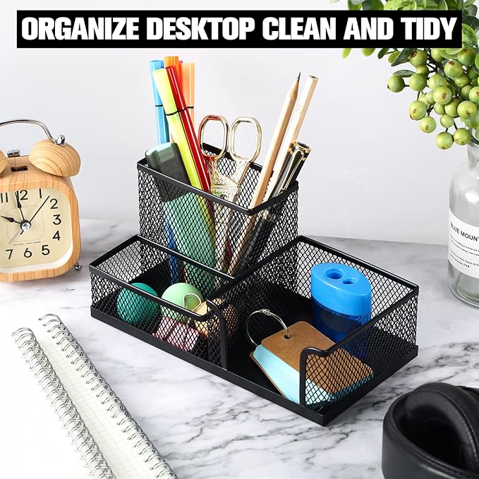 Ferraycle 4 Pcs Mesh Desk Organizer 3 Compartments Mesh Pen Holder Sticky Notes Pencil Holder Metal Caddy Desk Pen Organizer for Desktop Accessories Storage Baskets Home Office School(Black)