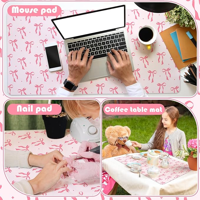 FYSUIMU Coquette Bow Makeup Mat Dual-Sided Leather Desk Pad Waterproof Pink Bow Makeup Table Cover for Vanity Top Protector Countertop Decor, 15.7 x 31.5 in