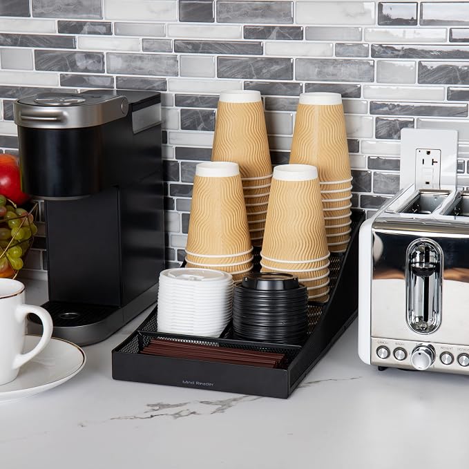 Mind Reader Cup and Condiment Station, Set of 2, Countertop Organizer, Coffee Bar, Metal Mesh, 8.5"L x 14.5"W x 5.25"H, Black