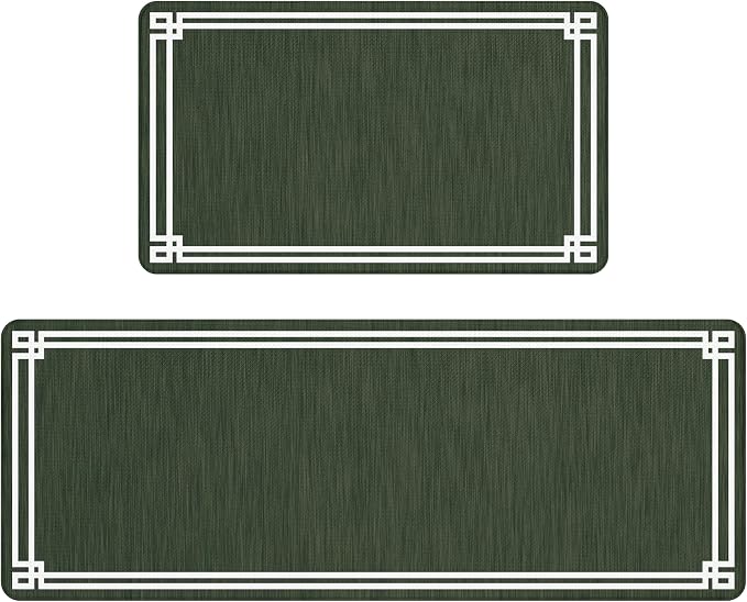 Dark Green Retro Elegance Frame Textured Kitchen Rug Sets [2 PCs], Anti-Fatigue, Waterproof Non-Slip Kitchen Mats Heavy Duty Comfort Foam Rug for Kitchen, Floor, Laundry,17"x29"+17"x47"