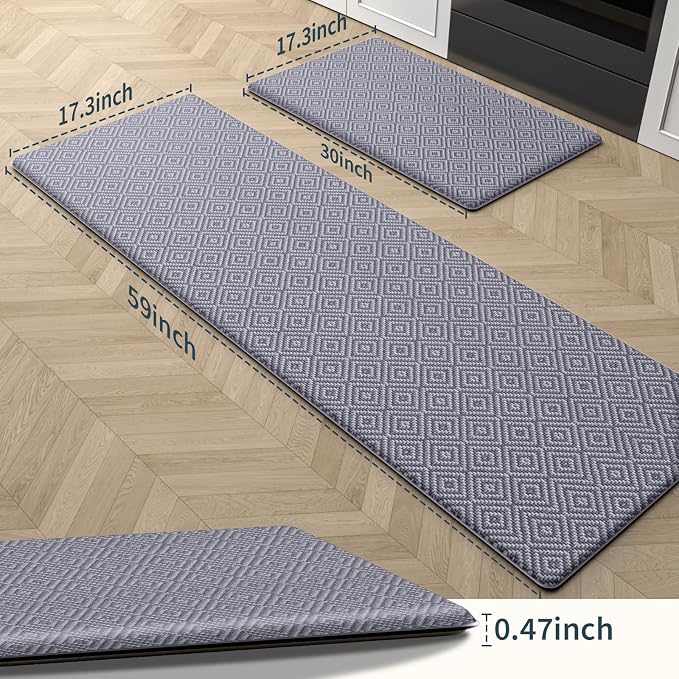 Mattitude Kitchen Mat 2PCS Kitchen Rugs Cushioned Anti-Fatigue Rug Waterproof Standing Desk Mat Kitchen Mats for Floor Kitchen Rug Set for Kitchen, Sink, Office 17.3"×30"+17.3"×59"-0.47inch Light Grey