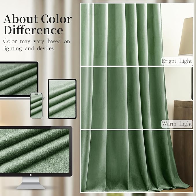 108 Inches Extra Long Sage Green Velvet Curtains for Living Room, Thermal Insulated Room Darkening Curtain Noise Reducing Privacy Drapes for Office, Back Tab Rod Pocket, W52 x L108, 2 Panels