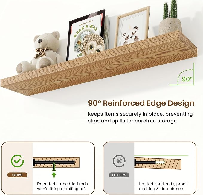 Marsmiles 48in Floating Shelves for Wall, 48" W x 9.25" D x 1.25" H, 2 Pack Long Wall Mounted Engineered Wood Shelves with Invisible Brackets for Living Room, Bedroom, Bathroom, Kitchen, Cedar