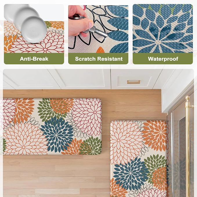 KIMODE Anti Fatigue Kitchen Mats for Floor 2PCS, Cushioned Standing Mats | 17"x47"+17"x29",Dahlia Floral,orange, Boho Floor Mats set of 2,Non Slip,Waterproof,Comfort Mat for Sink Office Laundry home