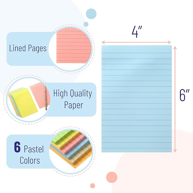 Mr. Pen- Lined Sticky Notes, 4" x 6", 6 Pads, 45 Sheets/Pad, Pastel Color | Sticky Notes with Lines, Ruled Post Stickies, Memo Pads, Self-Stick Note Pad for Office, School, Home, Study & Organization