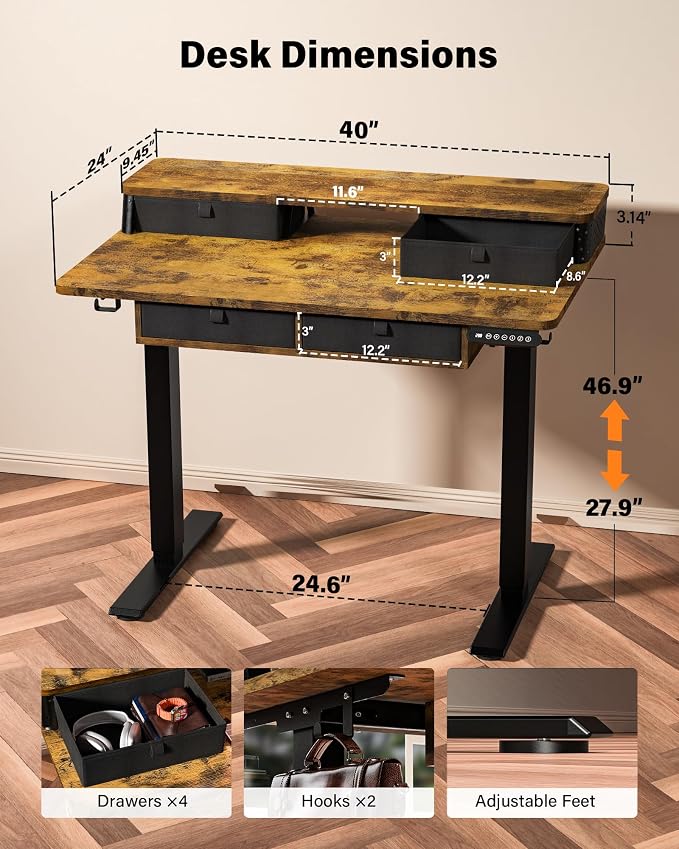 FiCiHi 40x24 Inch Electric Standing Desk, 4 Drawers, Adjustable Height Desk | Small Sit Stand Computer Desks, C-Clamp Compatible Home Office Desk with Monitor Stand, Cable Management, 3 Preset Heights