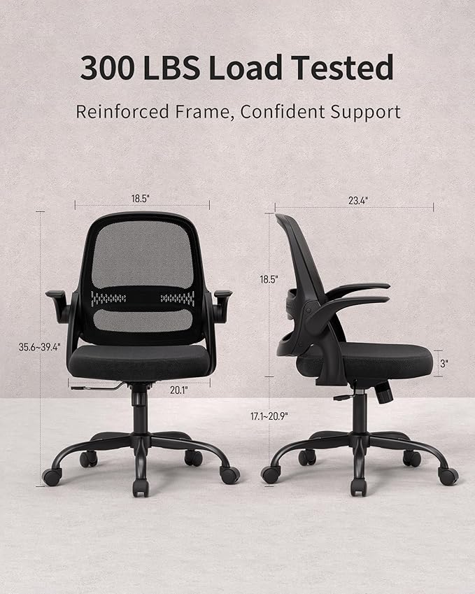 Ergonomic Mesh Office Chair with Flip-Up Arms, Adjustable Height, Breathable Mesh Back & Thick Cushion Seat, 360° Swivel Rolling Computer Desk Chair, BIFMA Certified, Supports 300 lbs (Black)