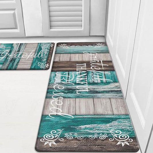 HEBE Anti Fatigue Kitchen Mat Set of 2, Cushioned Kitchen Mats for Floor | Non Slip Waterproof Kitchen Rug and Runner Set, Farmhouse PVC Foam Comfort Mat Floor Carpet for Sink, Standing Desk, Laundry