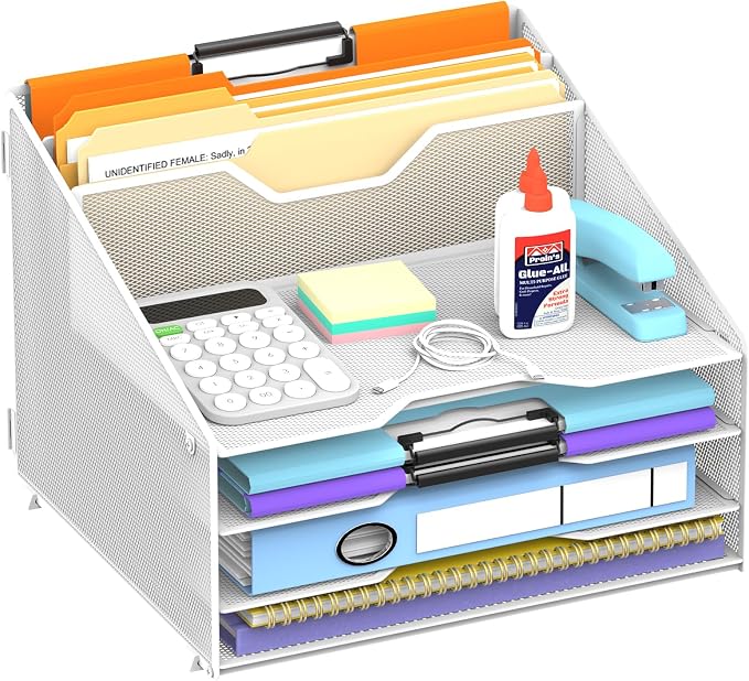 Desk File Organizer, 4 Letter Trays and 2 Upright Sections, White | Paper Organizer for Desk with Tiered Letter Trays and Vertical File Holders for Home Office, School and Workspace Use