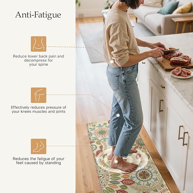 GENIMO Anti Fatigue Kitchen Mats for Floor 2PCS, Cushioned Standing Mats | 17.3"x47"&17.3"x30", Beige Red vintage floral rug set, waterproof, non slip, easy-clean for farmhouse