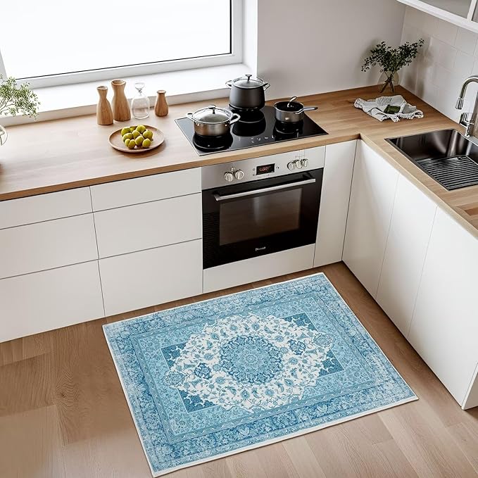 Macgace 2x3 Small Area Rug for Entryway, Soft Washable Rugs with Non-Slip Backing for Bedroom Kitchen, Vintage Throw Carpet Laundry Entry Door Decor, Celestial Blue