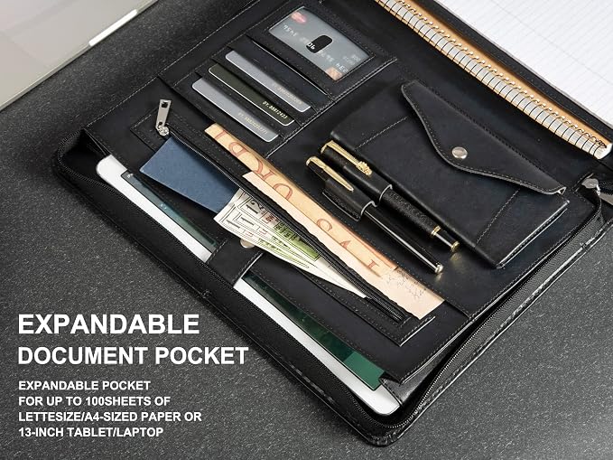 Free Name Engraved, Personalized Vegan Leather Padfolio for Men, Customized Leather Portfolio for Women, Portfolio Folder, Business Document Organizer for 13.3" iPad,Padfolio with A4 Notepad Holder