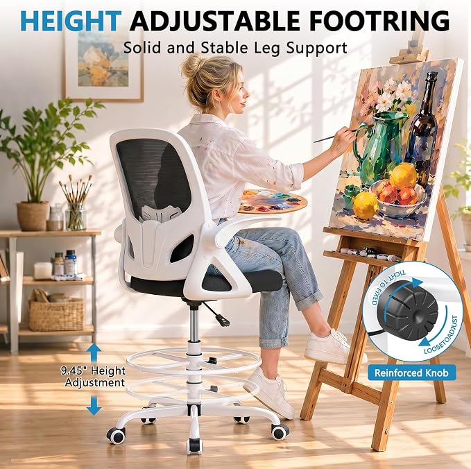 Kensaker Drafting Chair Tall Office Chair, Ergonomic Standing Desk Chair with Adjustable Foot Ring and Flip-up Armrests, Mesh Computer Chair for Art Studio, 300 LBS, White