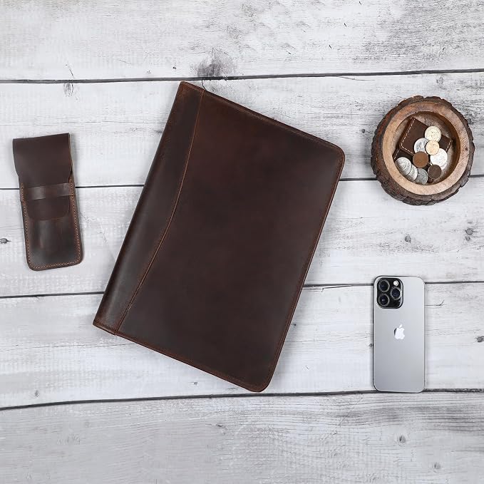 Leather Portfolio Organizer Professional Leather Padfolio for Men and Women A4 Document Folder Resume Holder Legal Pads 8.5 x 11 Padfolio Executive Writing Pad and Document Organizer Brown