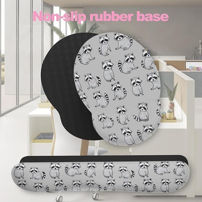 Cute Raccoon Ergonomic Wrist Support Keyboard Mouse Wrist Rest Set, Computer Office Comfortable Wrist Rest for Mouse Easy Typing
