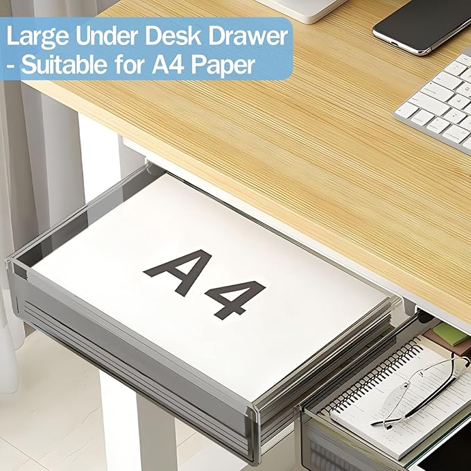 SVNNELP Large Under Desk Table Drawer Storage Organizer A4, Hidden Self-Adhesive Under Desk Pencil Tray Drawer for Office (Clear Black/L)
