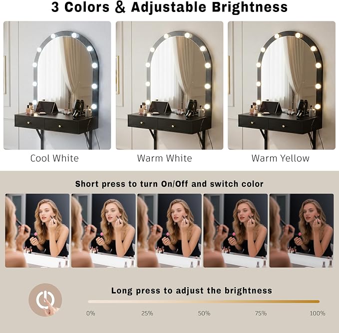 Merax Black Floating Vanity Desk Vanity Mirror with Lights, 3 Color Adjustable, 2 Storage Drawers & Charging Station, Wall-Mounted Makeup Vanity Shelf for Bedroom Hairdressers, 31" D x 54" H