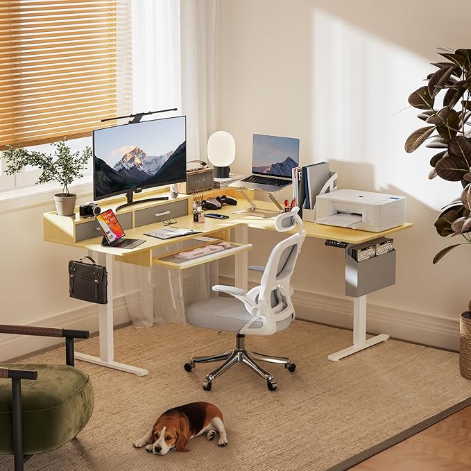 WALKINGDESK 63 Inches L Shaped Standing Desk with Keyboard Tray and 2 Drawers, L Shaped Electric Standing Desk, Adjustable L Shaped Office Desk,Corner Standing Desk for Home Office, Oak