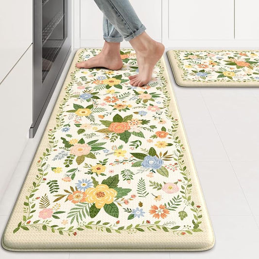 KIMODE Kitchen Mats for Floor Anti Fatigue,Beige Boho Kitchen Rugs Non Slip | Padded Kitchen Floor Mats, Memory Foam Kitchen Mats Cushioned, Standing Desk Mat for Laundry Office Bath Sink 17"x47"+17"x29"