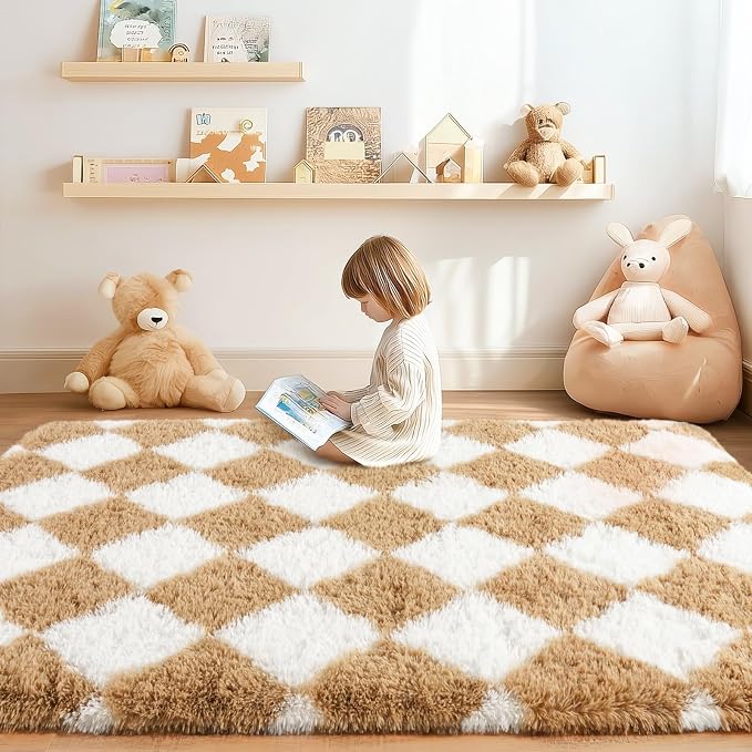 Checkered Rug 4x6 for Bedroom, Ultra Fluffy Shag Area Rugs for Living Room, Upgrade Anti-Skid High Pile Soft Rug Fuzzy Carpet for Living Room Bedroom Kids Room Nursery, Dorm Home Decor, White Camel