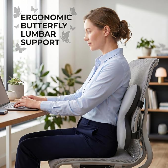 Butterfly Lumbar Support Pillow for Car and Chair, Gray | Memory foam back cushion with butterfly support, washable cover and dual adjustable straps for chairs and car seats