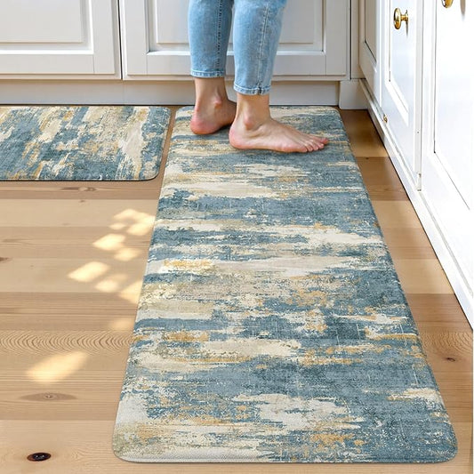 Collive Kitchen Mats for Floor 2 Piece, Abstract Cushioned Anti Fatigue Rugs Non Slip Waterproof Kitchens Sink Mat, Blue Modern Standing Mat for Bar, Office, Desk, Home Decor, 17"x29"+17"x47"