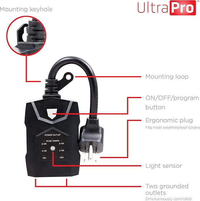 UltraPro Outdoor Dusk to Dawn Outlet Timer with Countdown, Dual Outlet Light Sensor Plug, 8/6/4/2 Hour Settings, Weather‑Resistant Seasonal & Landscape Lighting Control, 2 Pack, Black, 71070
