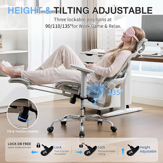 Ergonomic Mesh Office Chair with 2-Zone Lumbar Support and Footrest,Grey | Big and Tall, 400LBS, Adjustable Seat Depth, 4D Headrest, 4D Armrests Swivel Executive Chair for Home Office