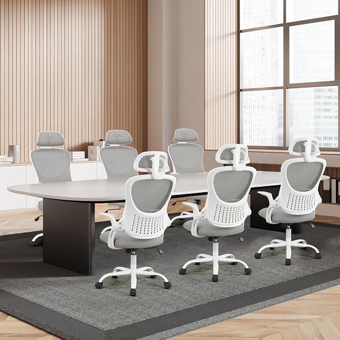 DUMOS Ergonomic Office Chair – High Back Mesh Computer Chair with Lumbar Support, Headrest, Flip-up Arms, and Swivel Wheels – Comfortable Gaming & Desk Chair for Home Bedroom Office,Grey