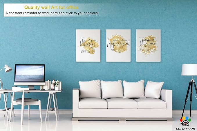 Office Wall Art - 3 Panel Motivational Canvas, Inspirational Quotes for Home Decor, Positive Entrepreneur Words Poster Frame for Company, 12"x24"x3Pcs