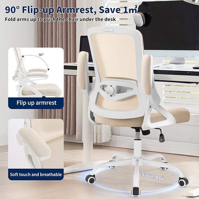 Ergonomic Office Chair, Desk Chair with Adjustable Lumbar Support, Breathable Mesh Comfy Computer Chairs with Flip-up Armrests Executive Task Chair for Adults Home Office (Buff Beige)