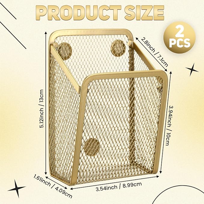 Fuutreo 2 Pcs Large Magnetic Pencil Holder Mesh Stainless Steel Pen Basket Magnetic Pen Cups Storage Organizer for Fridge Whiteboard Blackboard Kitchen Refrigerator Locker Home Office School(Gold)
