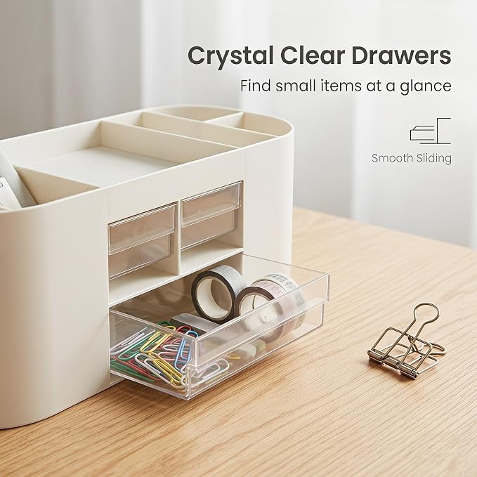 Desk Organizer with Drawers, Office Supplies Storage, White | Customizable desktop storage with removable dividers and 3 clear drawers for pens, notes, clips and everyday office supplies.