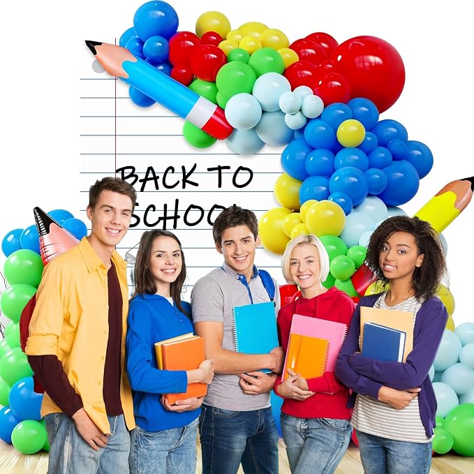 Welcome Back to School Party Decor Rainbow Balloons Arch Kit with Pencil Balloon Backdrop Giant Inflatable Pencil Notebook Photo Props for First Day of School Kindergarten Classroom Supplies(Colorful)