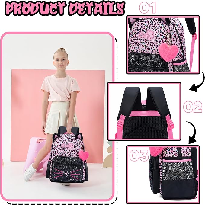 Meetbelify Black Cute Cat School Backpack for Girls Backpack with Lunch Box for Elementary Students Kids Travel Bookbag for Girls Ages 6-8