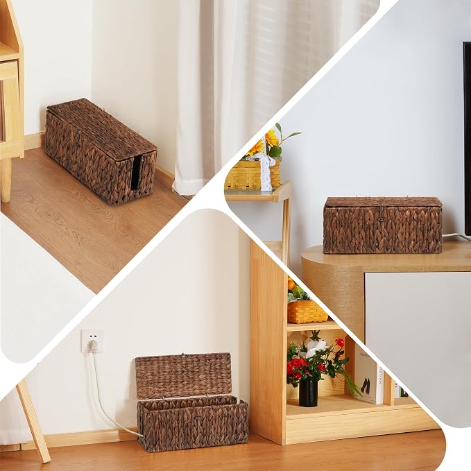 efluky 2 Pack Water Hyacinth Floor Cord Covers with Lid, Hand-Woven Cable Management Box, 2 Open Slots Cord Box to to Hide USB Wire, Power Strip & Charger for Home & Office and Dorm, Brown