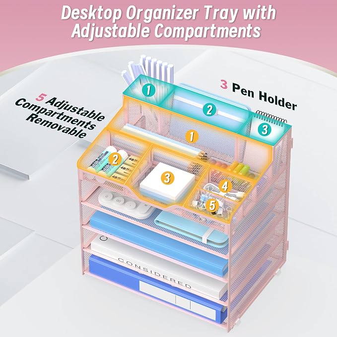 5 Tier Mesh Paper Desk Organizer with Pen Holders, Pink | Features 3 pen holders, and 5 adjustable compartments for office school home desk storage