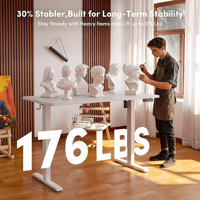CubiCubi 32 x 20 Small One-Piece Standing Desk, Adjustable Height Electric Computer Home Office Sit Stand up Workstation, with 4 Memory Presets, Headphone Hook, Elegant White