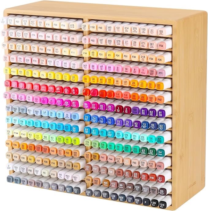 walowalo Bamboo Marker Organizer for 280 Markers Christmas Gifts Durable Pencil Holder Desk Storage Large for Artists Teachers Students Classroom Birthday Gifts No Assembly Required 28-Compartments