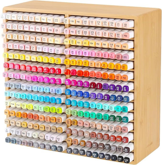walowalo Bamboo Marker Organizer for 280 Markers Christmas Gifts Durable Pencil Holder Desk Storage Large for Artists Teachers Students Classroom Birthday Gifts No Assembly Required 28-Compartments